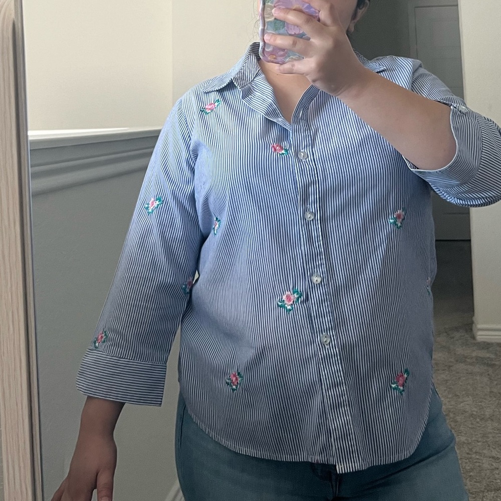 Striped floral embroidered button down
